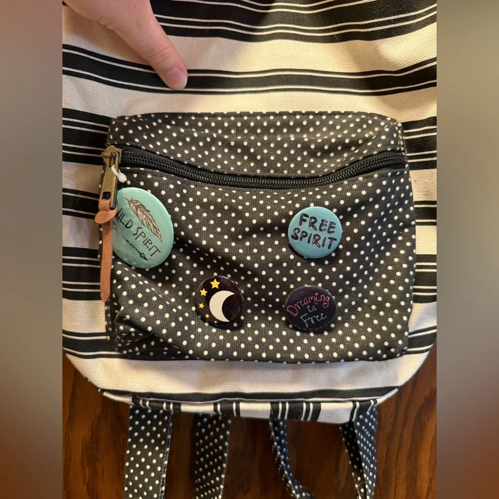 Striped Black and White Backpack with Polka Dot Pocket
